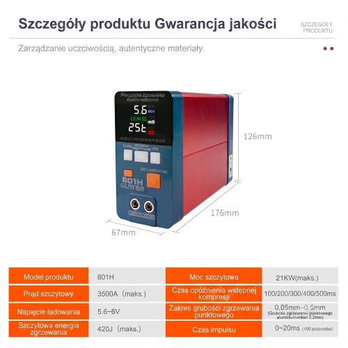 Przenośna Lutownica Spawarka Punktowa Zgrzewarka punktowa GLITTER 801H aluminium/nikiel