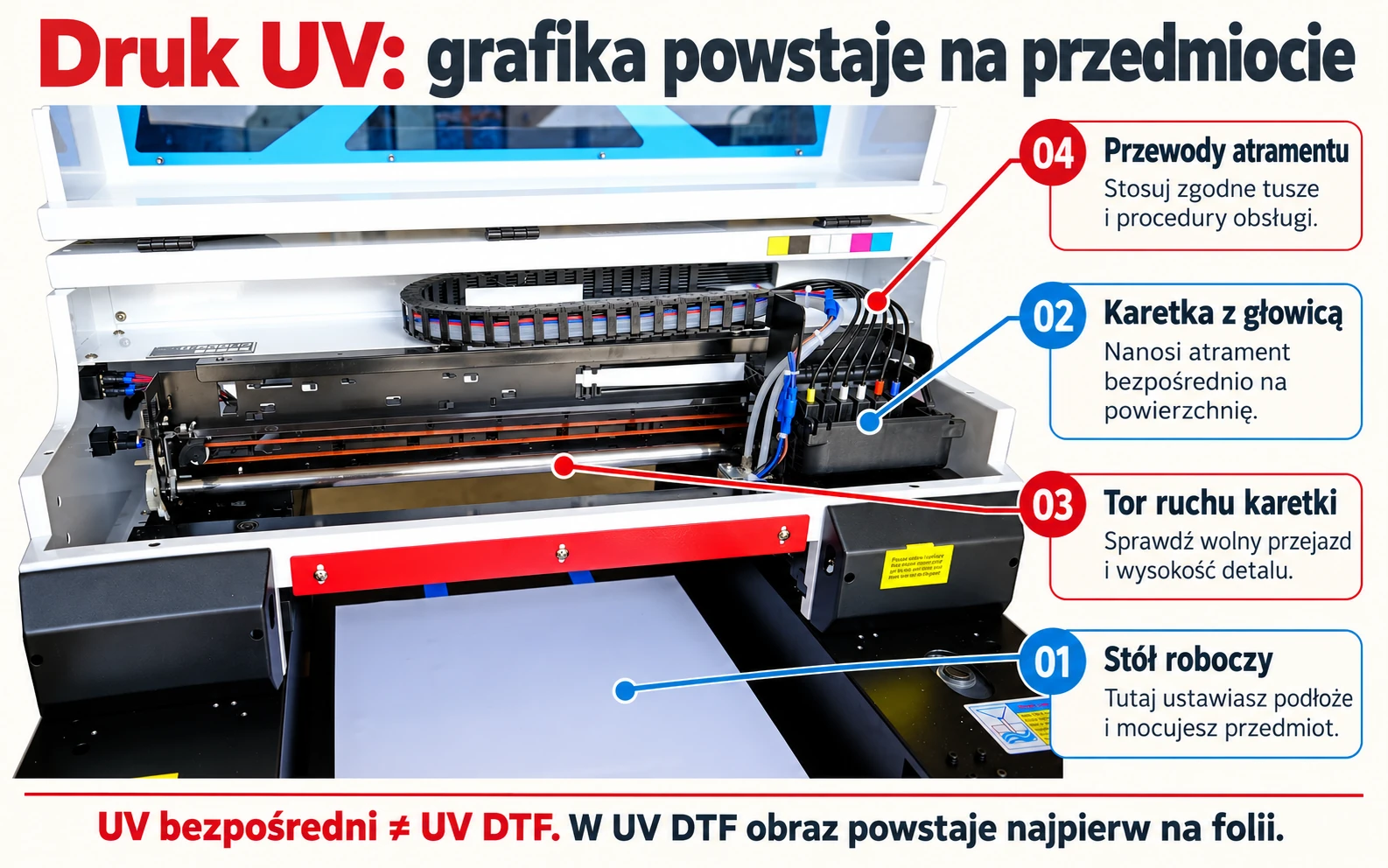 Druk UV bezpośredni: stół, karetka i doprowadzenie atramentu