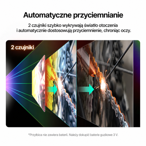 Automatyczne przyciemnianie z 2 czujnikami; baterie 3 V nie są dołączone Automatyczne przyciemnianie z 2 czujnikami; baterie 3 V nie są dołączone