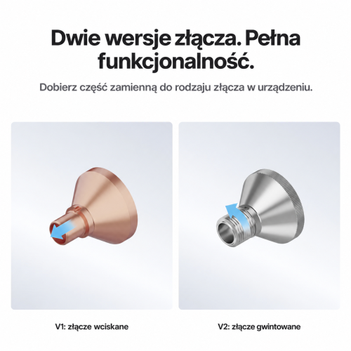 Porównanie złącza wciskanego V1 i gwintowanego V2 dyszy czyszczącej — oferta obejmuje wyłącznie jedną dyszę V1