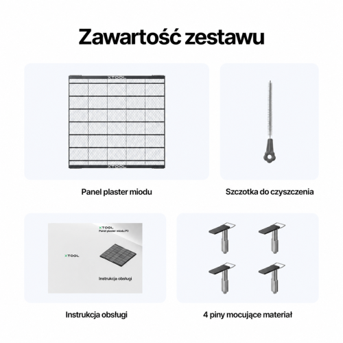 Zawartość zestawu panelu plaster miodu P3: jeden panel, cztery piny, szczotka i instrukcja Zawartość zestawu panelu plaster miodu P3: jeden panel, cztery piny, szczotka i instrukcja