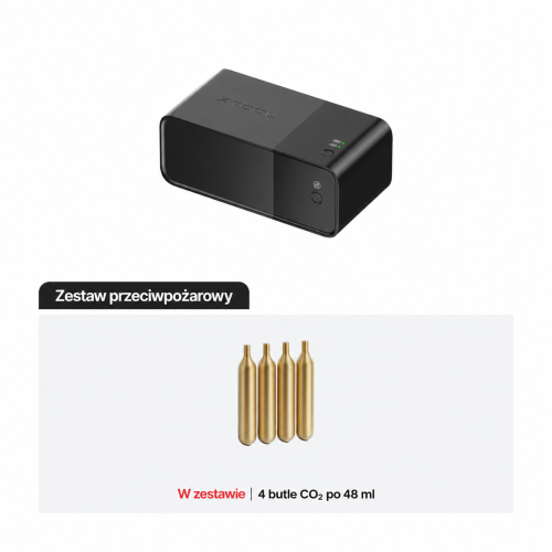 Zestaw Fire Safety Set V1.5: jednostka sterująca, cztery butelki CO₂ po 48 ml, przewód, adapter i instrukcja Zestaw Fire Safety Set V1.5: jednostka sterująca, cztery butelki CO₂ po 48 ml, przewód, adapter i instrukcja